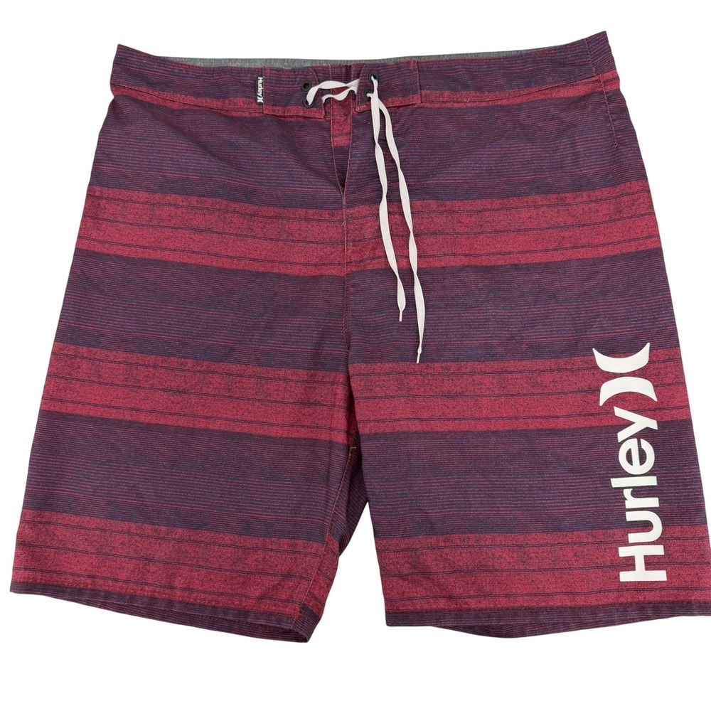 Hurley Mens Board Shorts Size 36 Maroon Blue Striped Swim Trunks MBS0008080